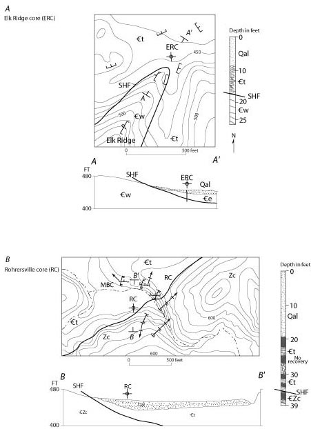 Geologic
      maps and cross sections of the Elk Ridge core and Robrersville
      core sites. For a more detailed explanation, contact ssouthwo@usgs.gov.