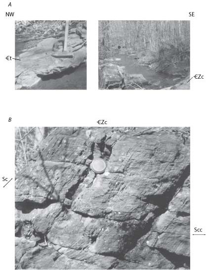 Photographs of the Short Hill fault along Millbrook Creek showing west-verging
      folds of Tomstown Formation above west-dipping metabasalt of the Catoctin Formation. For a more detailed explanation, contact ssouthwo@usgs.gov.