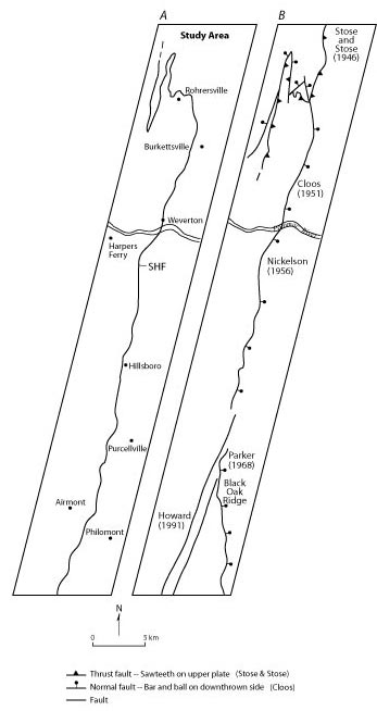 Index map of the study area showing A, the trace of the Short Hill fault (SHF) and B, a composite of previously mapped segments of the fault. For a more detailed explanation, contact ssouthwo@usgs.gov.
