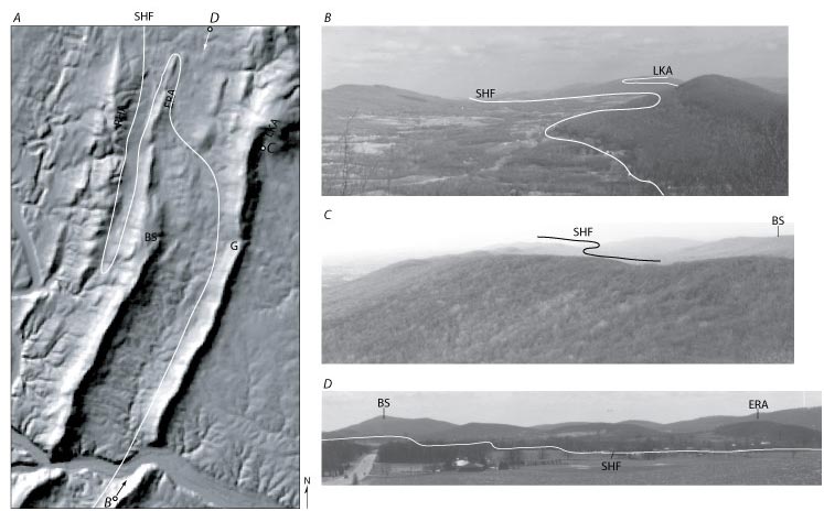 Side-looking airborne radar image of the northern half of the study area
      showing location and perspective of photographs B-D, which 
      illustrate the regional F2folds superimposed
      on the Short Hill fault; photograph looking down plunge from
      Virginia to Lambs Knoll anticline showing the sinuous ridge that is parallel
      to the SHF; photograph looking up plunge from the upright limb
      of the Lambs Knoll anticline to the Hillsboro syncline that is out of view
      due to the sinuous structure; and up plunge view of Pleasant Valley
      showing the broad footwall fold from Beelers Summitt to the termination
    of Elk Ridge. For a more detailed explanation, contact ssouthwo@usgs.gov.