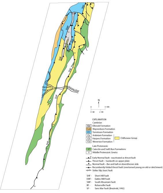 Structural map showing the relationship of the Short Hill fault to faults of
    Brezinski (1992) in Maryland. For a more detailed explanation, contact ssouthwo@usgs.gov.
