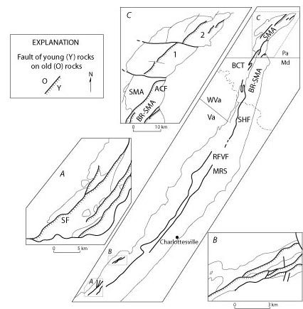 Index map
      of the Blue Ridge-South Mountain anticlinoriumshowing faults
      analogous to the Short Hill fault. For a more detailed explanation, contact ssouthwo@usgs.gov.