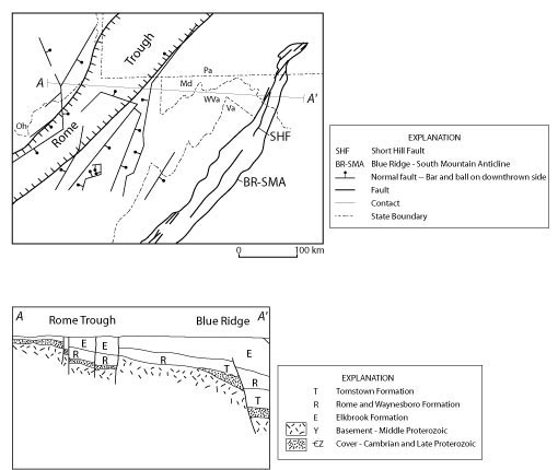 Tectonic
      map and schematic restored cross section of
      the central Appalachians showing the interpreted extensional faults of
      Cambrian age. For a more detailed explanation, contact ssouthwo@usgs.gov.
