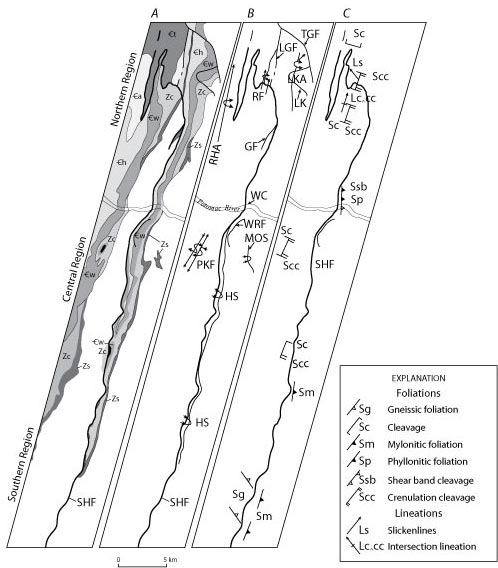 Geology, faults and folds, and dominant
      foliation and lineation orientations of the Short Hill fault and
    vicinity. For a more detailed explanation, contact ssouthwo@usgs.gov.