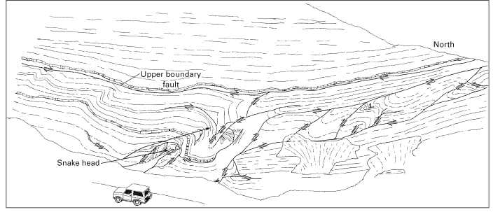 Figure 19 - Sketch of a roadcut 0.6 mi north of Mathias, W. Va., along West Virginia Route 259, showing cross section of an up-to-the-north lateral ramp