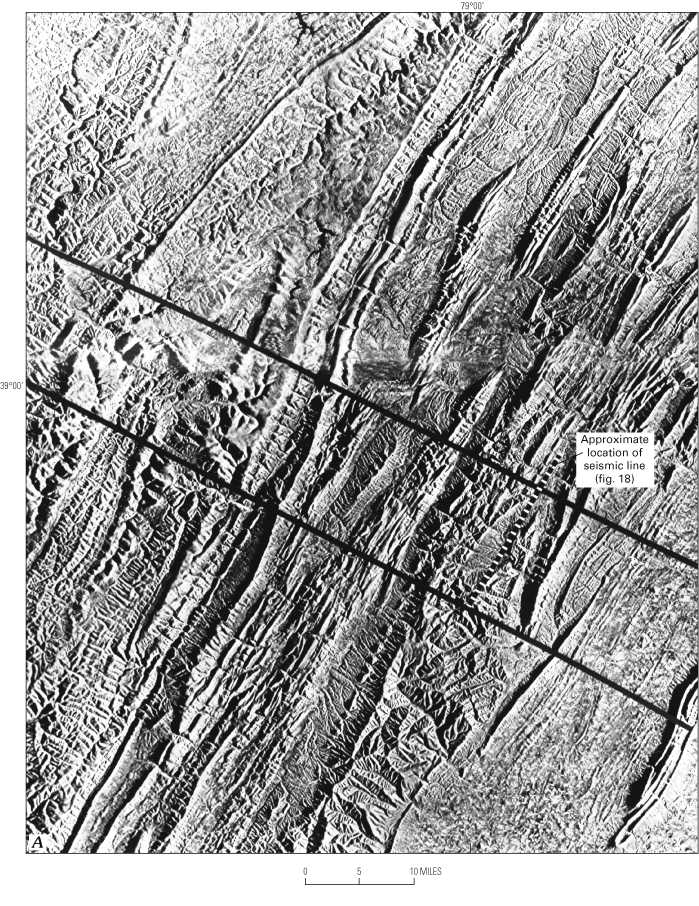 Figure 20A - Side-looking airborne radar (SLAR) images of parts of the Cumberland and Charlottesville 1-deg by 2-deg quadrangles showing the boundary lines enclosing the Mathias lateral ramp