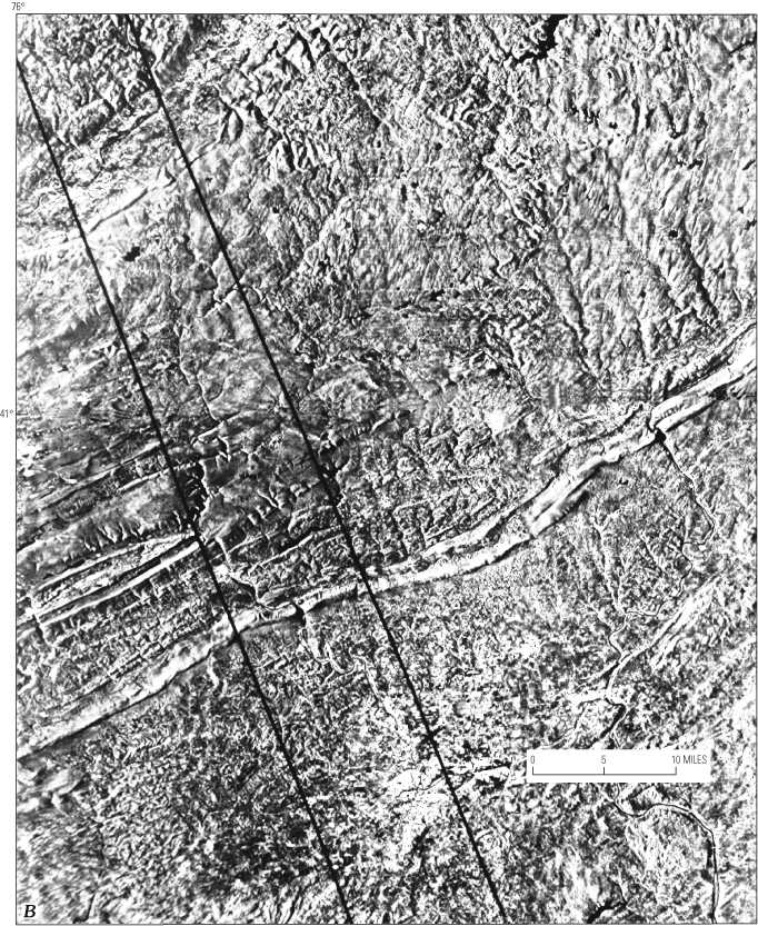 Figure 23B - Side-looking airborne radar (SLAR) image showing lateral ramps in the central Appalachians. Enlarged portion of SLAR mosaic off east edge of <I>A</I>