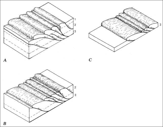 Figure 25 - Block diagrams showing the concept of fault spacing and fold size relative to height above décollement, or depth of erosion