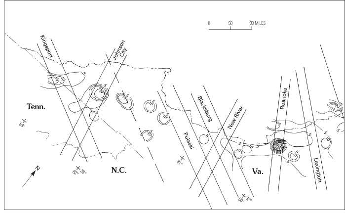 Figure 34A - Map showing contoured frequency of severely thrust faulted and folded (disturbed) zones observed in the field, per 7.5-minute quadrangle in relation to inferred lateral ramps in the central Appalachians