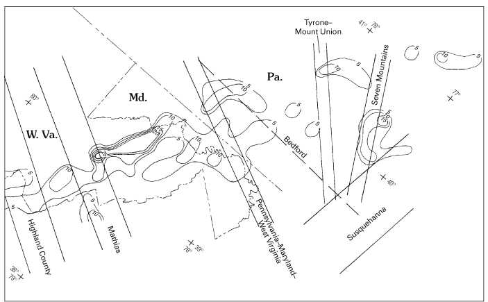 Figure 34B - Map showing contoured frequency of severely thrust faulted and folded (disturbed) zones observed in the field, per 7.5-minute quadrangle in relation to inferred lateral ramps in the central Appalachians -- Continued