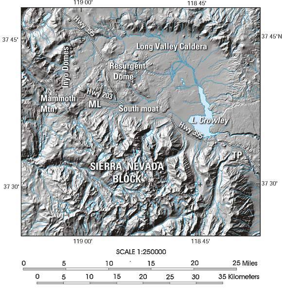 Shaded relief map of Long Valley Caldera and Sierra Nevada.