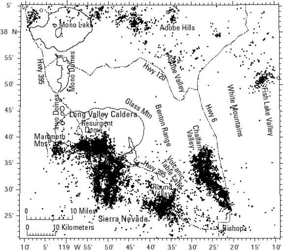Map of seismicity in Long Valley region, 1978-1999.