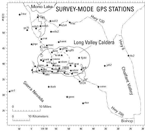 Map of GPS monuments in Long Valley region.