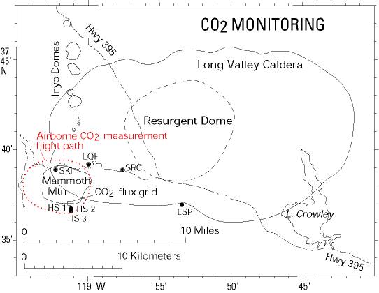Map showing carbon dioxide gas monitoring sites.