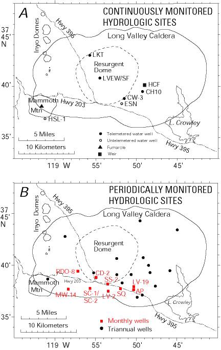 Map of hydrological monitoring sites, Long Valley region.