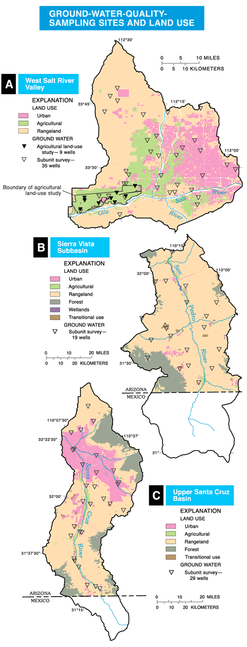 Ground-Water-Quality-Sampling site and Land Use. Map A. West Salt River. Map B. Sierra Vista Subbasin. Map C. Upper Santa Cruz Basin.
