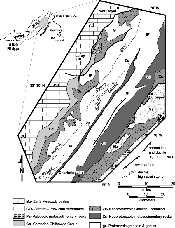 Generalized geologic map of the north-central Virginia Blue Ridge. For a more detailed explanation, contact Richard Tollo @rtollo@gwu.edu