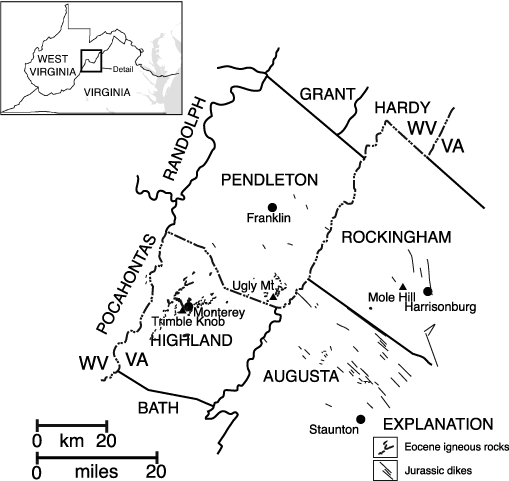 Regional map showing the location of the field trip area, the distribution of Jurassic dikes in a part
   of the Shenandoah Valley, Va., and the middle Eocene igneous rocks in the
   central Appalachian Valley and Ridge province. For a more detailed explanation, contact Jonathan Tso at jtso@radford.edu.