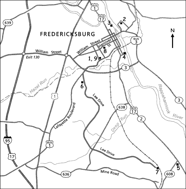 Map of the Fredericksburg area showing field trip stops. For a more detailed explanation, contact Judy Ehlen at 1408 William Street, Fredericksburg, VA 22401.