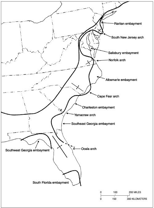 Map showing principal basins and arches of the Atlantic Coastal Plain. For a more detailed explanation, contact Lauck Ward at  lwward@vmnh.net.