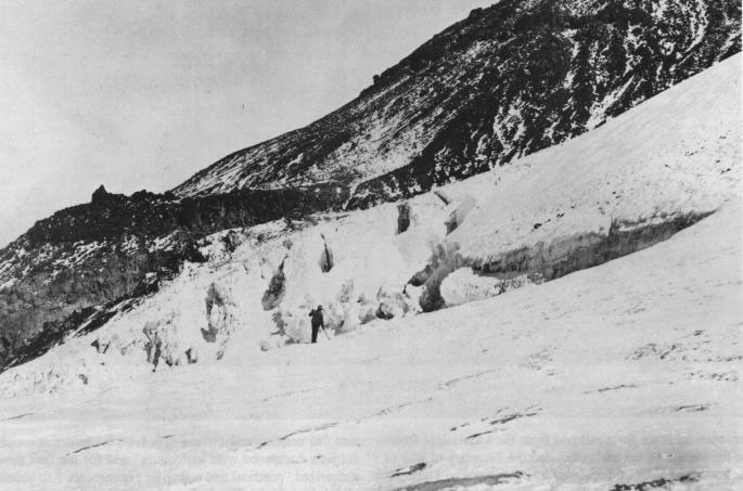 Figure 5. Photo of Clarence King exploring an active glacier on Mount Shasta, 1870.