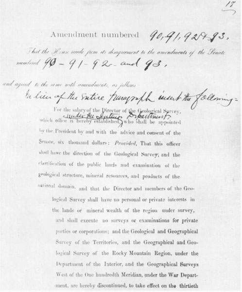 Figure 8. Photo of the Conference Committee copy of the law establishing the U.S. Geological Survey, 1879.