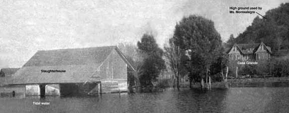 photo of flooded slaughterhouse and high-ground big house