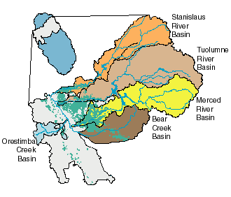 Map showing subbasins and almond orchards in the San Joaquin River Basin