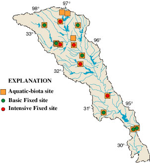 Map showing data collection sites for aquatic biology.