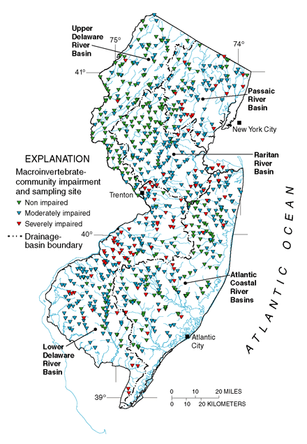 Figure 7. Aquatic-invertebrate-community data at more than 700 New Jersey AMNET sites (blue text box above) commonly indicate moderate to severe impairment in higher density urban areas (gray areas in fig. 1, p. 3).