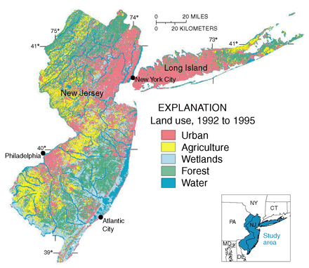 Land use is a primary factor affecting the quality of water resources in the Long Island–New Jersey Coastal Drainages study area.