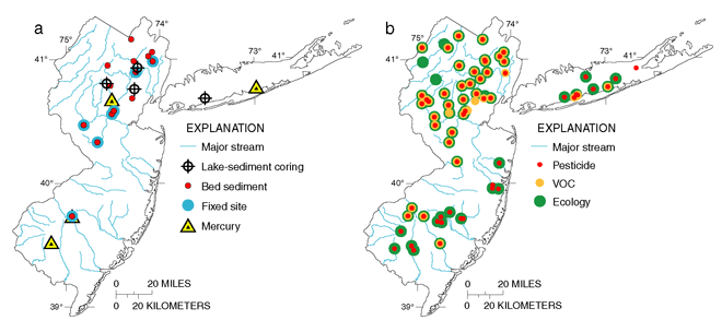 Figure 35. Stream-sampling sites included (Map A) fixed sites, bed-sediment and mercury synoptic sites, and lake-sediment coring sites, and (Map B) pesticide, VOC, and ecological synoptic sites.