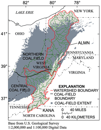 Figure 21. Coal-bearing rocks underlie 55 percent of the area sampled in the Northern and Central Appalachian bituminous coal fields. (Coal-field locations from Tully, 1996)