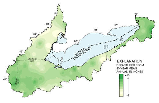 Figure 7. Departures from 30-year mean annual precipitation patterns for water years 1996–98, based on data from 133 weather stations.
