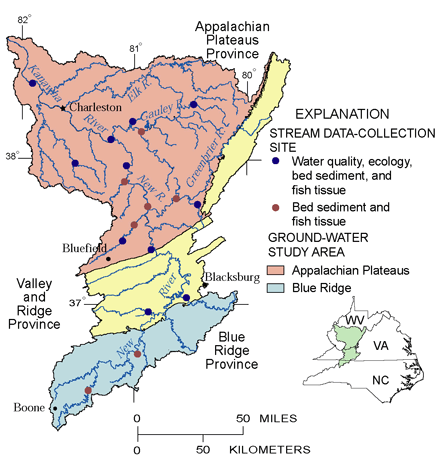 The Kanawha–New River Basin is generally mountainous, forested, humid, and rural. Agriculture is concentrated in the southern half of the basin; major products are cattle and hay. Seven percent of all coal mined in the United States is produced from the Appalachian Plateaus Physiographic Province within the basin.