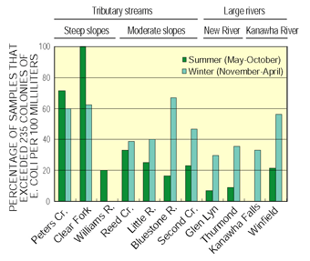 Figure 19. Guidelines for E. coll are exceeded more often in winter than in summer for most streams.