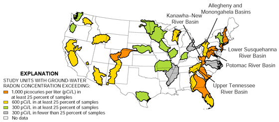Map showing the United State STUDY UNITS WITH GROUND-WATER RADON CONCENTRATION