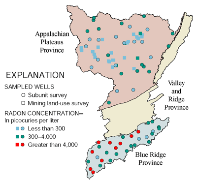 Figure 21. Radon concentrations vary greatly among physiographic provinces. 