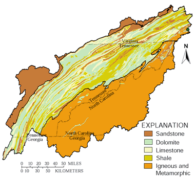 Figure 6. Ground-water availability is a function of surface geology in the Upper Tennessee River Basin.