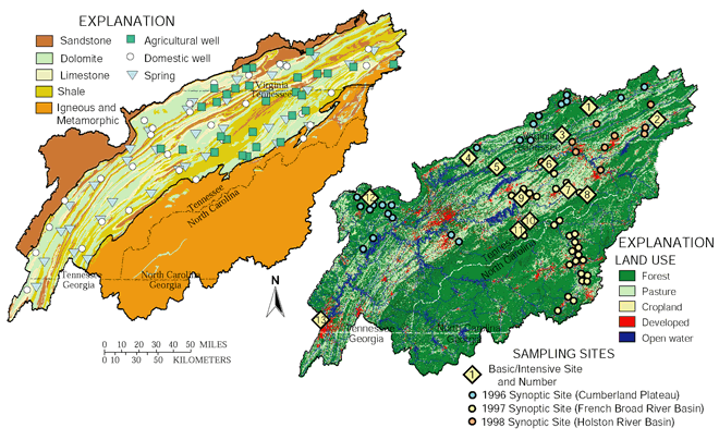 Map showing study designs for both ground-water, surfacewater components and Surface-water studies 