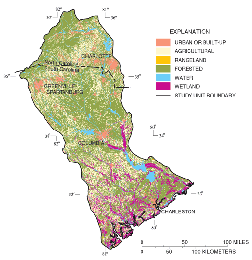 Figure 1. Land use in the Santee Basin includes about 60 percent forested, 30 percent agricultural, and 6 percent urban lands.
