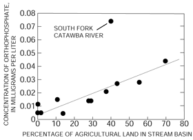 Figure 11. The concentration of orthophosphate in streams is directly related to the percentage of agricultural land in the stream basin except for the South Fork Catawba River.