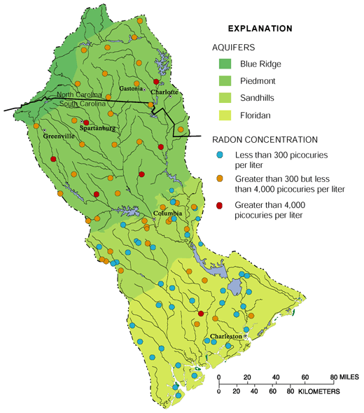 Figure 16. Radon concentrations were highest in the Piedmont and Sandhills aquifers, resulting from naturally high levels of uranium in near-surface rocks and sediment.