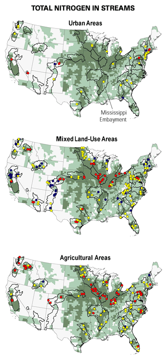 Maps showing United States Total Nitrogen in Streams for Urban Areas and Mixed Land Use.