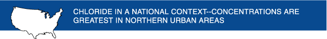 Banner: CHLORIDE IN A NATIONAL CONTEXT--CONCENTRATIONS ARE GREATEST IN NORTHERN URBAN AREAS.