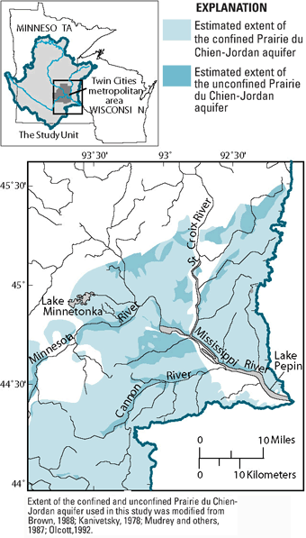 Figure 17. Estimated extent of the Prairie du Chien-Jordan aquifer in part of the Study Unit.