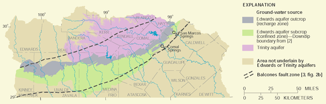 Figure 2. Areal extent of the Edwards and Trinity aquifers sampled during 1996–98 (modified from [4]). The outcrop of the Edwards aquifer essentially is the recharge zone; the subcrop essentially is the confined zone. The outcrop of the Trinity aquifer is approximately coincident with the Hill Country. The subcrop of the Trinity aquifer (not shown), which extends beneath the Edwards aquifer, is not a source of water supply in the region and was not sampled.