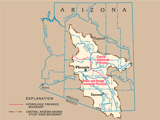 The Central Arizona Basins (CAZB) Study Unit of the National Water-Quality Assessment (NAWQA) Program covers 34,700 square miles in the Central Highlands and Basin and Range Lowlands hydrologic provinces. Phoenix was America’s fastest growing city during the 1990s, and a population of about 3.8 million people is concentrated around the cities of Phoenix and Tucson. The climate is arid to semiarid, and dams on major perennial streams in the Central Highlands collect water for use in the Phoenix area. More than 50 percent of the water used in the Study Unit is ground water, which is often the sole source available. More than 70 percent of the water is used for agriculture, which accounts for 5 percent of the land use.