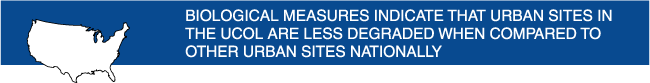Banner: BIOLOGICAL MEASURES INDICATE THAT URBAN SITES IN THE UCOL ARE LESS DEGRADED WHEN COMPARED TO OTHER URBAN SITES NATIONALLY