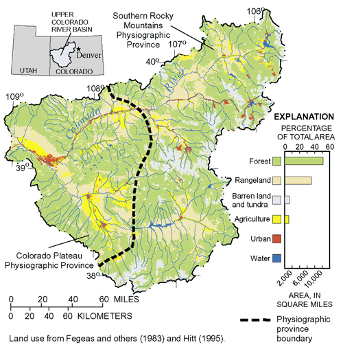 The Upper Colorado River Basin (UCOL) of the National Water-Quality Assessment (NAWQA) Program includes the 17,800-square-mile drainage basin of the Colorado River upstream from the Colorado-Utah State line. The study area is almost equally divided between the Southern Rocky Mountains and the Colorado Plateau Physiographic Provinces. Population in the basin is approximately 308,000. The major use of water is irrigation, but transmountain diversions provide water to more than 1 million people in the eastern part of Colorado (outside of the study area). 